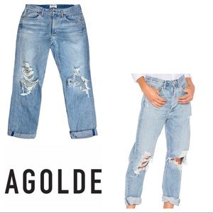 AGOLDE Feel Good 90’s Distressed Rolled Hem Light Wash Jeans in EUC Size 27